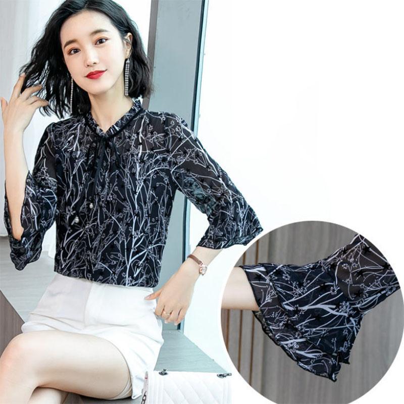 Chiffon Shirt Women's Fungus Collar Floral Trumpet Sleeve Small Shirt Elegant Bottoming Shirt