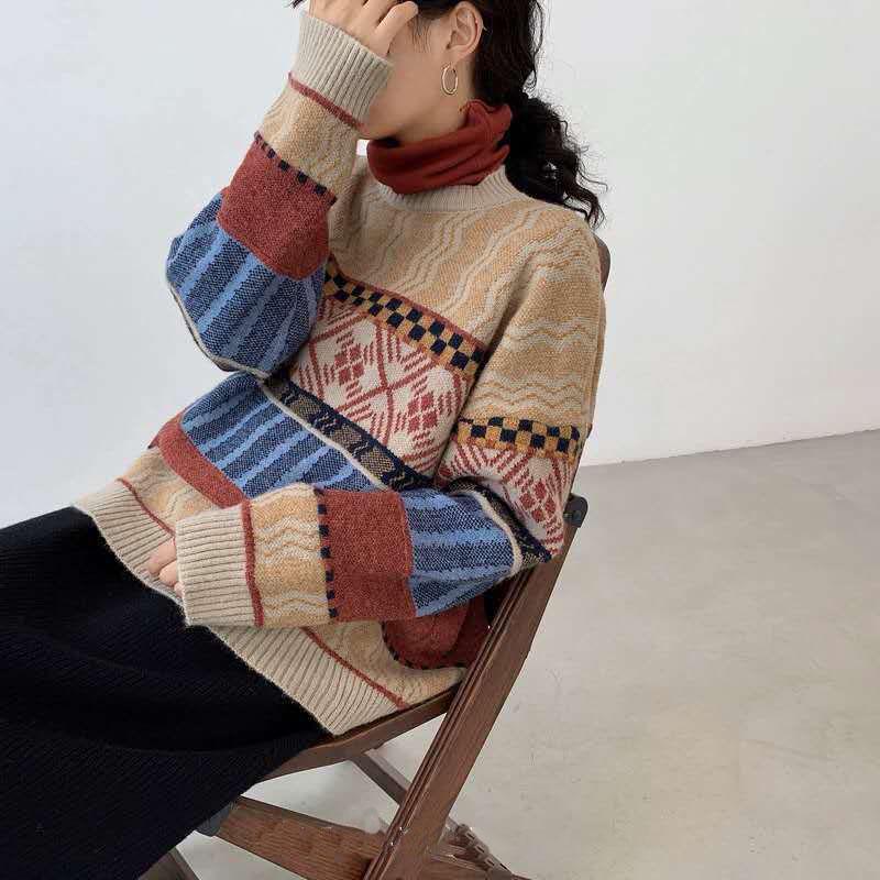 Women vintage Jacquard Knitted Sweater Ethnic Style Thick Warm Pullover Sweater coat Outer Wear Autumn Winter