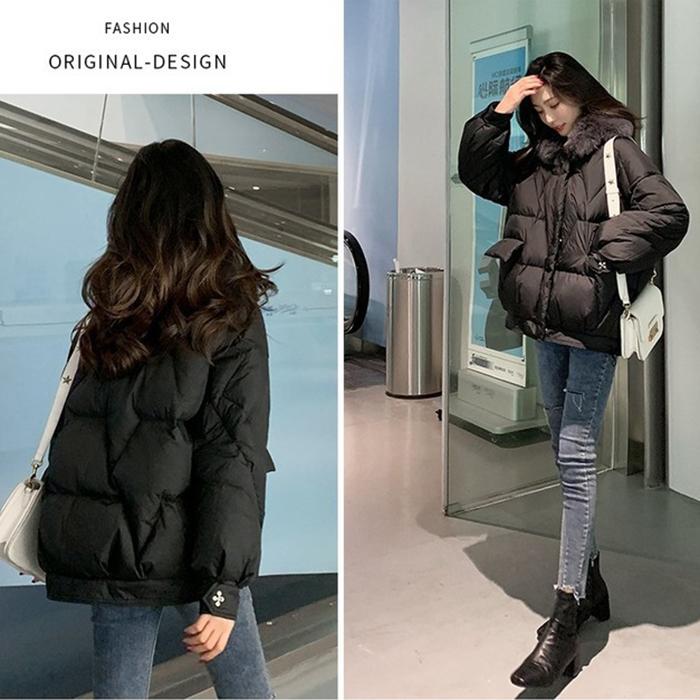 Korean Fashion Ladies Down Jacket Fox Fur Collar Thick Bread Jacket White Duck Down Short Down Jacket