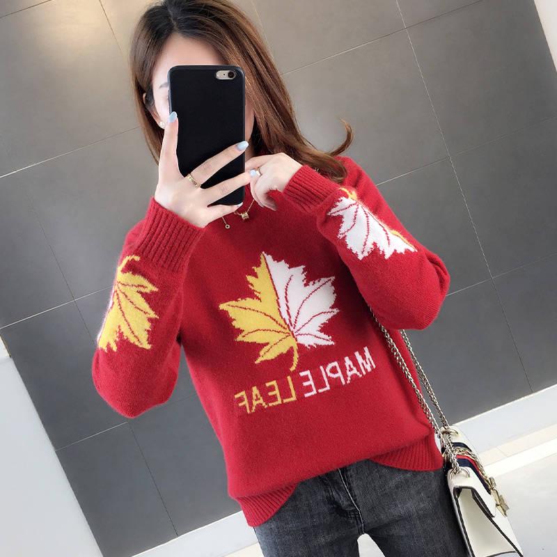 Autumn Winter Women Sweater Half Turtleneck Maple Leaf Knitted Jumper Top Casual Warm Femme Sweater