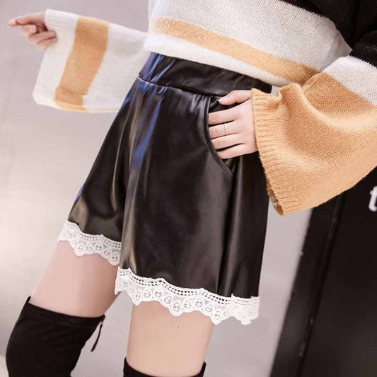 Leather Shorts Women's Autumn and Winter Chic Was Thin A Word Wide Leg Pants Lace Edge Pu Leather Pants Ulzzang Tide Pants