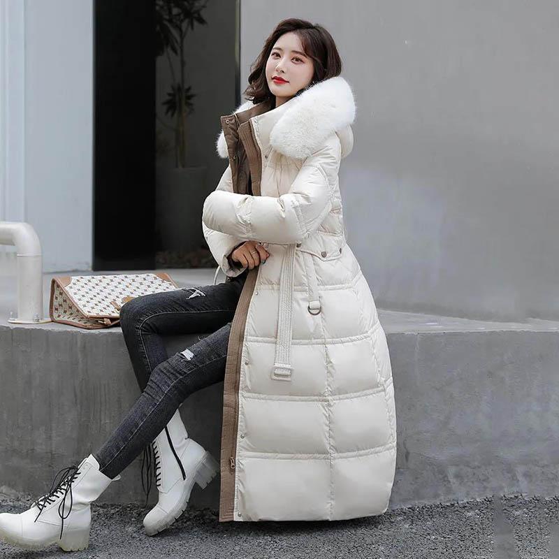 Long Padded Jacket Women's Fashion with Fur Collar Waist Down Padded Jacket Women Over The Knee Thick Winter Padded Jacket Women