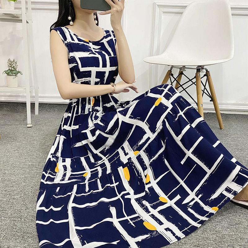 Bohemia Summer Ethnic Print Dress Round Neck  Sleeveless Loose High Waist Cotton Silk Vest Beach Skirt