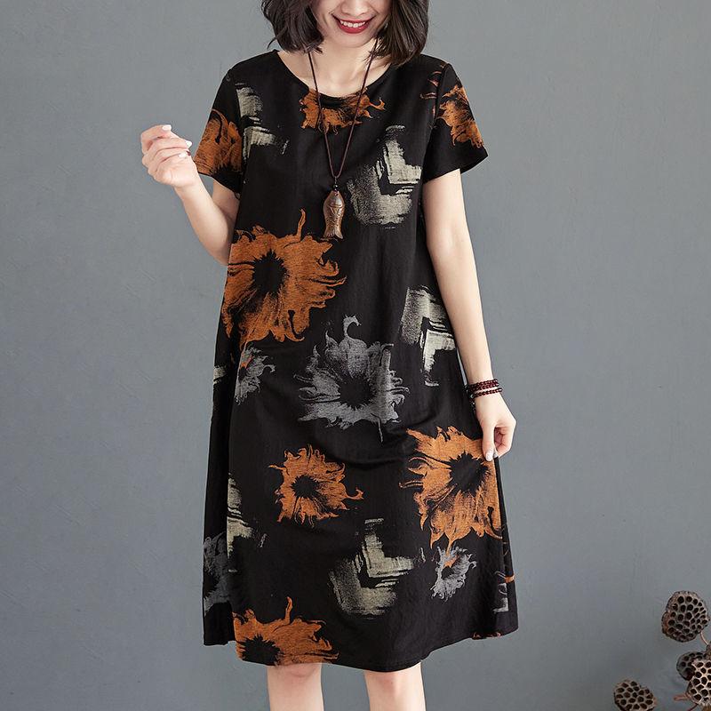 Printing Vintage XL-XXXXXXL Summer Polyester Short-sleeved Knee-length A-line Dress