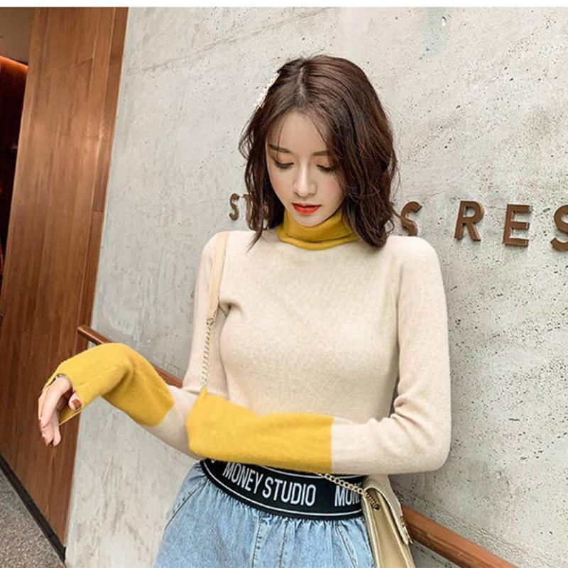 PofuLove Winter Long-sleeved Slim-fit Color-block Turtleneck Reversible Plus Velvet Bottoming Shirt