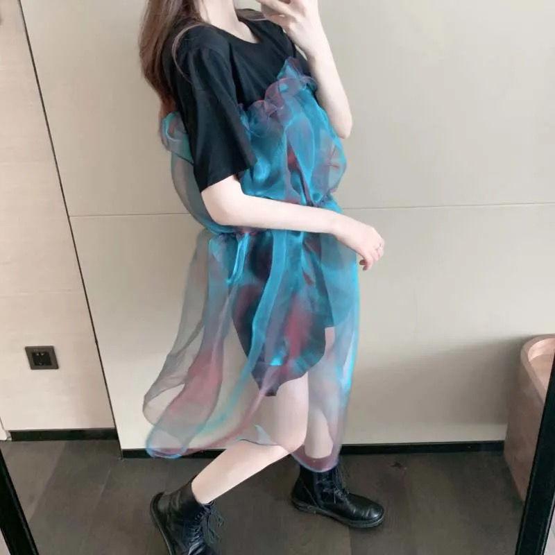 Design Sense Summer Organza Fold Irregular Denim Mesh Stitching Cotton Short-sleeved T-shirt Women