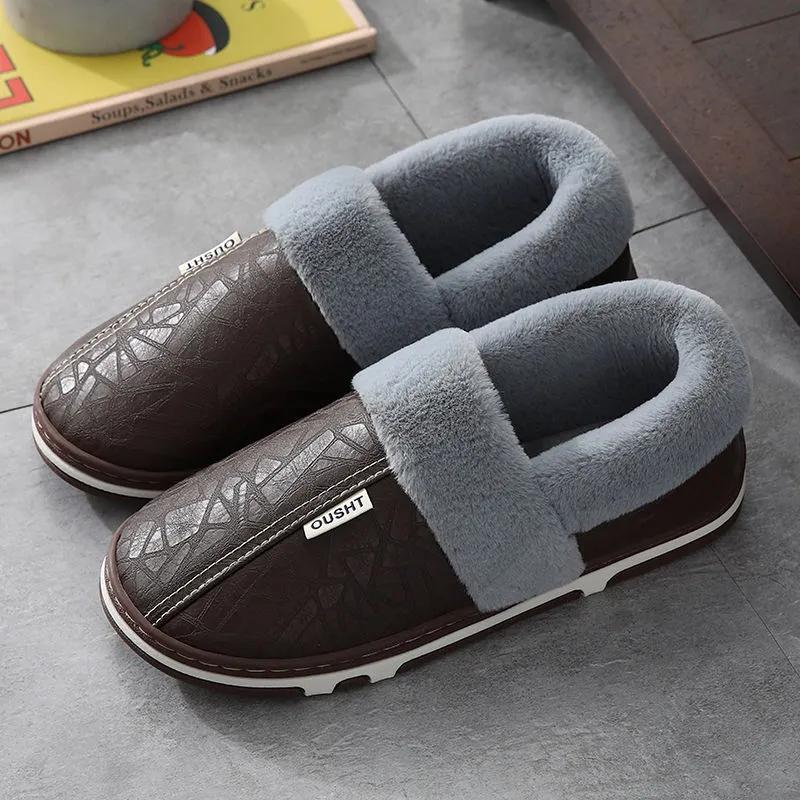 Bag Heel PU Leather Waterproof Winter Cotton Slippers Women's Indoor Household Non-slip Home Warm Cotton Shoes