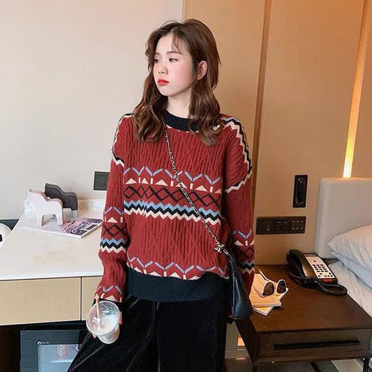 Loose round neck Sweater Women Thick Warm Vintage Knitted Sweater Casual Pullover sweater outwear Autumn Winter