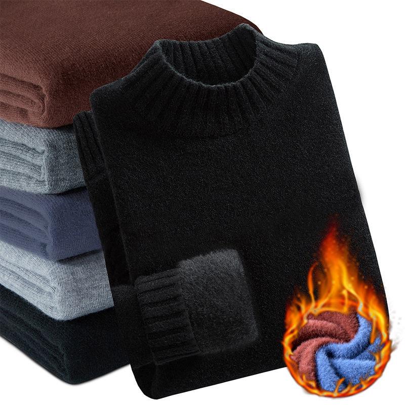 Autumn and Winter Half Turtleneck Sweater Men's Slim Plus Velvet Thick Pullover Sweater