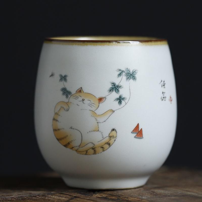 Ru Kiln Cute Cat Cup Owner Cup Single Cup Tea Cup Can Raise Kung Fu Tea Bowl Tea Set Tea Cup Size Tea Cup Home