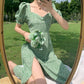 French Square Neck Floral Dress Women's Summer Style Korean Temperament Was Thin Split Puff Sleeve Skirt