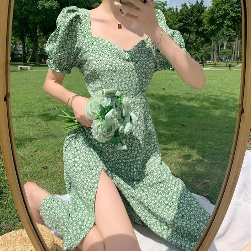 French Square Neck Floral Dress Women's Summer Style Korean Temperament Was Thin Split Puff Sleeve Skirt