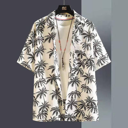 Hawaiian Beach Shirt Palm Leaf Print Tee Half Sleeve Retro Clothes Button Up Top Plus Size Loose Overshirt Casual Male Undies