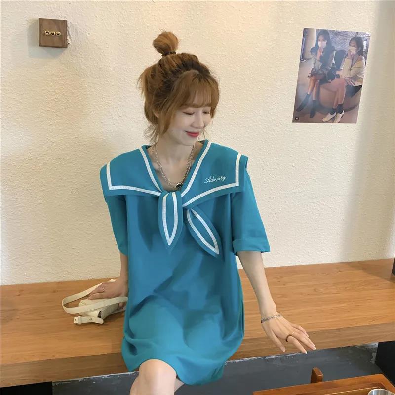 Retro Cute Style Solid Color Sailor Collar Navy Dress Sweet Bow-knot Student Girls Above Knee Dress
