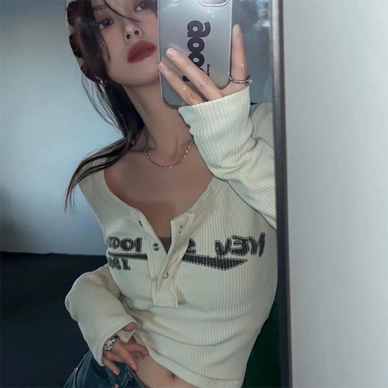 Sexy Retro Bottoming Shirt Women's Tight Short Style with Chic Long Sleeve T-Shirt Top