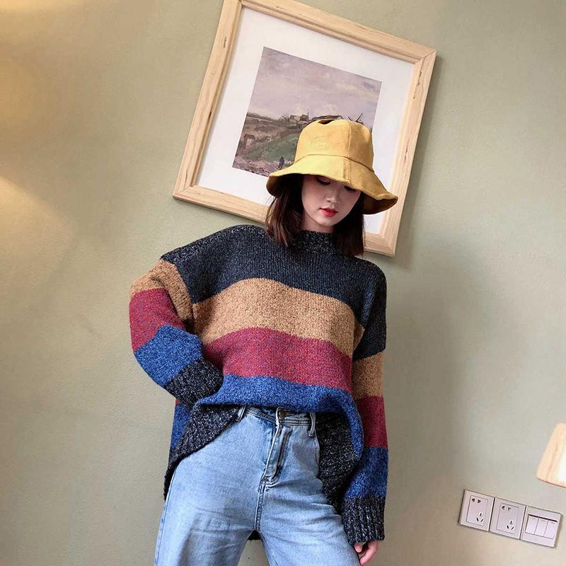 Women's Autumn  Winter Long-sleeved Hedging Striped Color-blocking Sweater All-match Casual Fashion Sweater