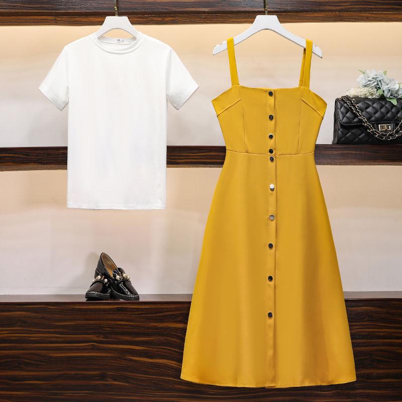 Womens Summer Dresses  Short-sleeved Shirt Top and Long  Strap Dress Two-piece Set Plus Size Outfits