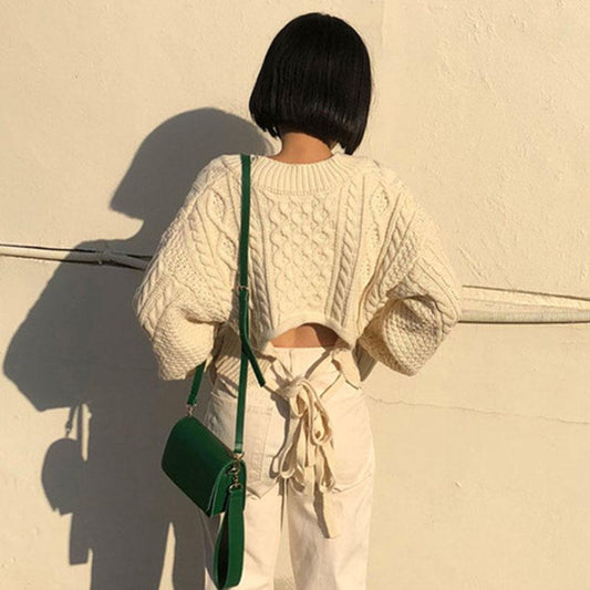 Autumn and Winter Women's Loose Thick Sweater V-neck Back Strap Long-sleeved Sweater Women Short Twist Knit Pullover Sweater Crop Tops