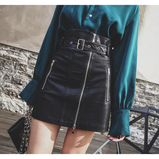 Black PU Skirts Women Faux Leather Skirt Women Elegant Tie Belt Waist Mini Skirts Female Ladies IP
