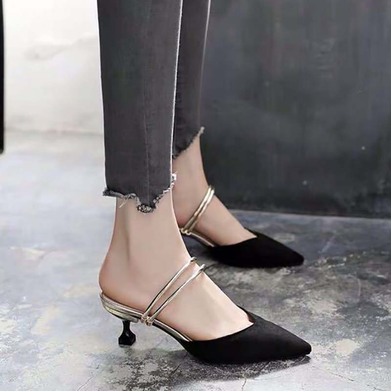 Summer High Heels Female Pointed Toe Stiletto Heel Wild Mid-heel Black Cat Heel Sandals and Slippers Women