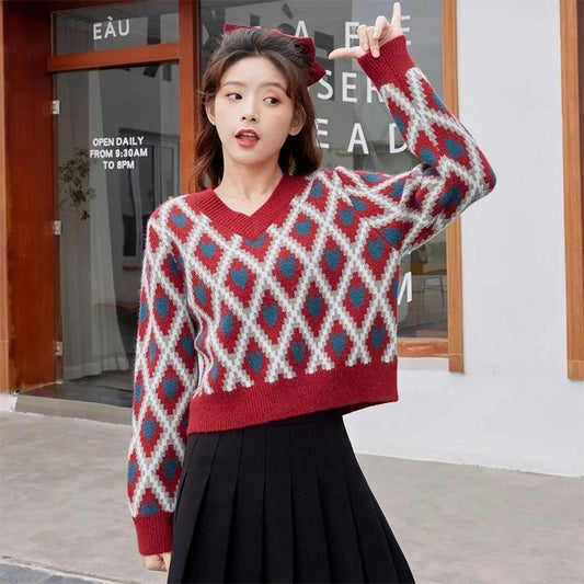 Sweater Women Autumn Winter 2021 Knitted Vintage Sense V-neck Christmas Peach Heart Short Top Sweater