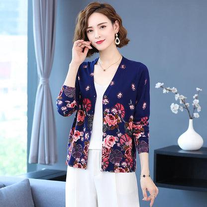 Vintage Print Knit Sweater V-neck Cardigan Sweater Ladies Loose Plus Size Wool Knit Sweater Coat Top