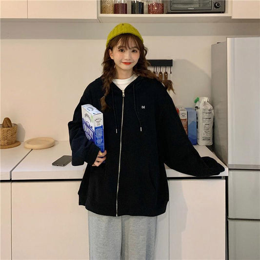 Hooded Sweater Student Loose Cardigan Mid-length Zipper Coat Sweater Women