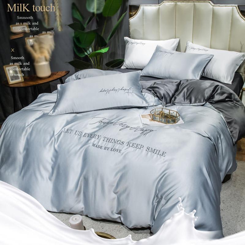 Silky Nude Sleeping Ice Silk Four-piece Set Pure Color Washed Silk Bed Sheet Duvet Cover Pillow Case Bedding