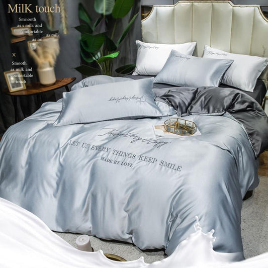 Silky Nude Sleeping Ice Silk Four-piece Set Pure Color Washed Silk Bed Sheet Duvet Cover Pillow Case Bedding