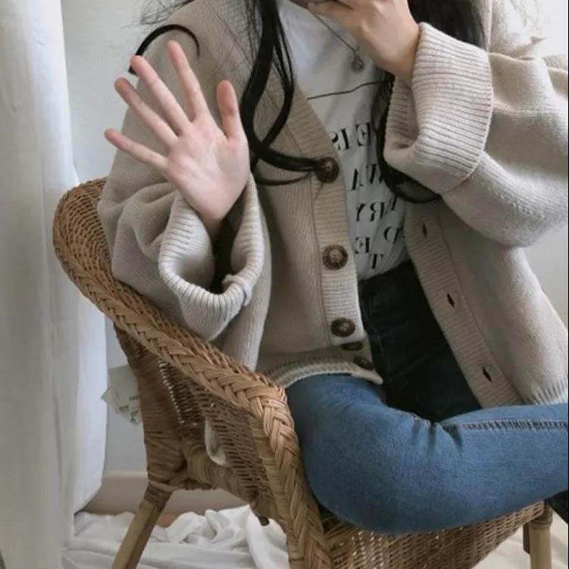Lazy Style Knitted Cardigan Women's Autumn and Winter Loose School Style V-neck Long-sleeved Sweater Jacket