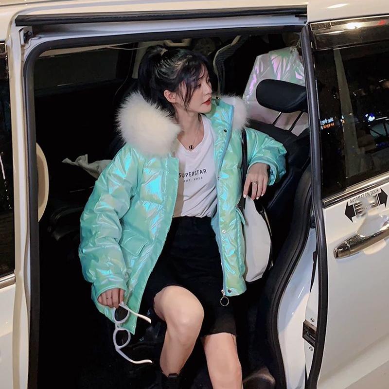 Women's Glossy Loose Down Jacket Mid-length Korean Thick Coat Warm Cotton Coat with Big Fur Collar Winter Quilted Jacket