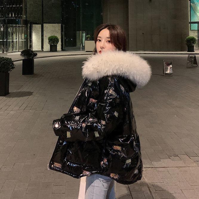 Glossy Down Padded Jacket Women Short Winter Fluffy Big Fur Collar Hooded Loose Padded Padded Jacket Winter Loose Bread Short Padded Jacket