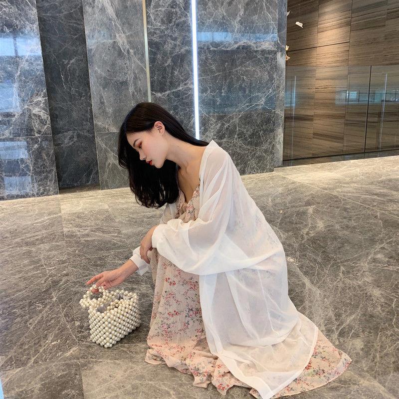 Batwing Sleeve Women's Beach Sun Protection Cardigan Plus Size Shawl Loose Outer Chiffon Long Sleeve  Mid-calf Solid Color