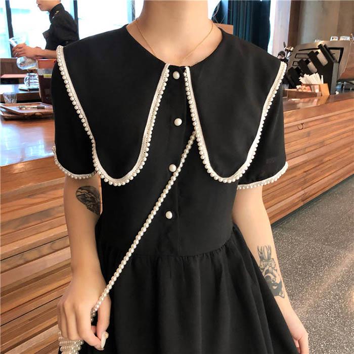 Pofulove S-4XL Women Plus Size O-neck Black Dress Loose Slim Sweet Short-sleeved Cheongsam Dress