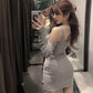 WTEMPO Sexy Woman Asymmetry Sling Dress Hollow Out Bare Shoulders Tight Hip Long Sleeve Nightclub Bar
