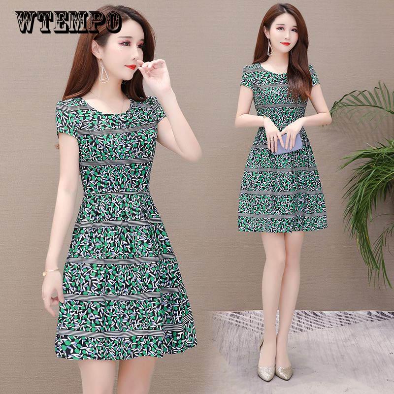 WTEMPO Brand Female Summer Long Section Short-sleeved Floral A-line Skirt Fashion Slim Dress