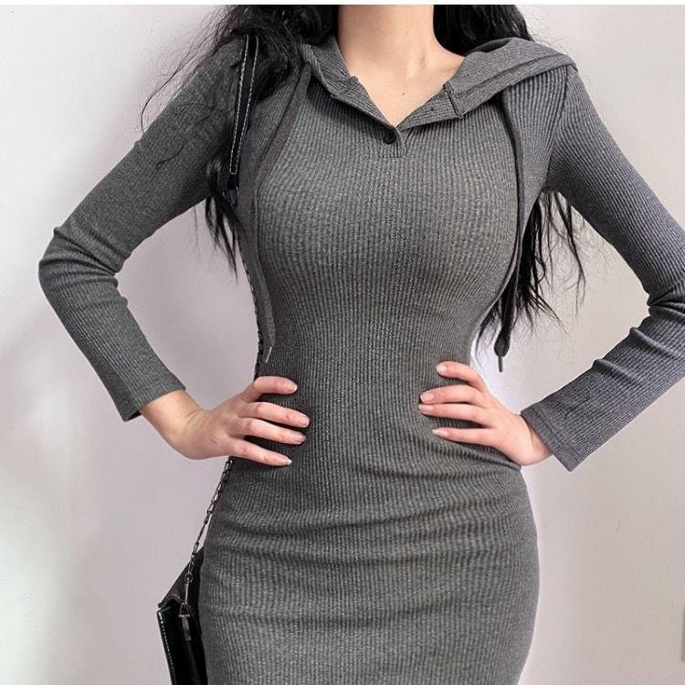 Feminine Slim Stretch Dress Sports and Leisure Show The Figure Sexy European and American Hooded Mid-length Bag Hip Dress