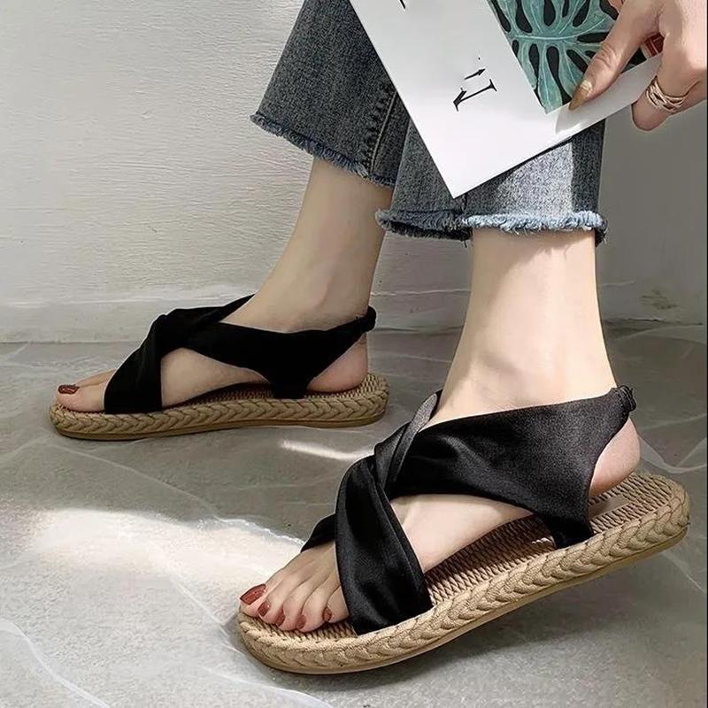 Retro Sandals Women Summer All-match Linen Texture Flat Bottom Bohemian Light Women's One-step Sandals Beach Sandals