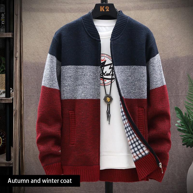 Men's Fashion Trend Knit Sweater Cardigan Autumn and Winter Men's Jacket Plus Velvet Padded Stand Collar Sweater Jacket