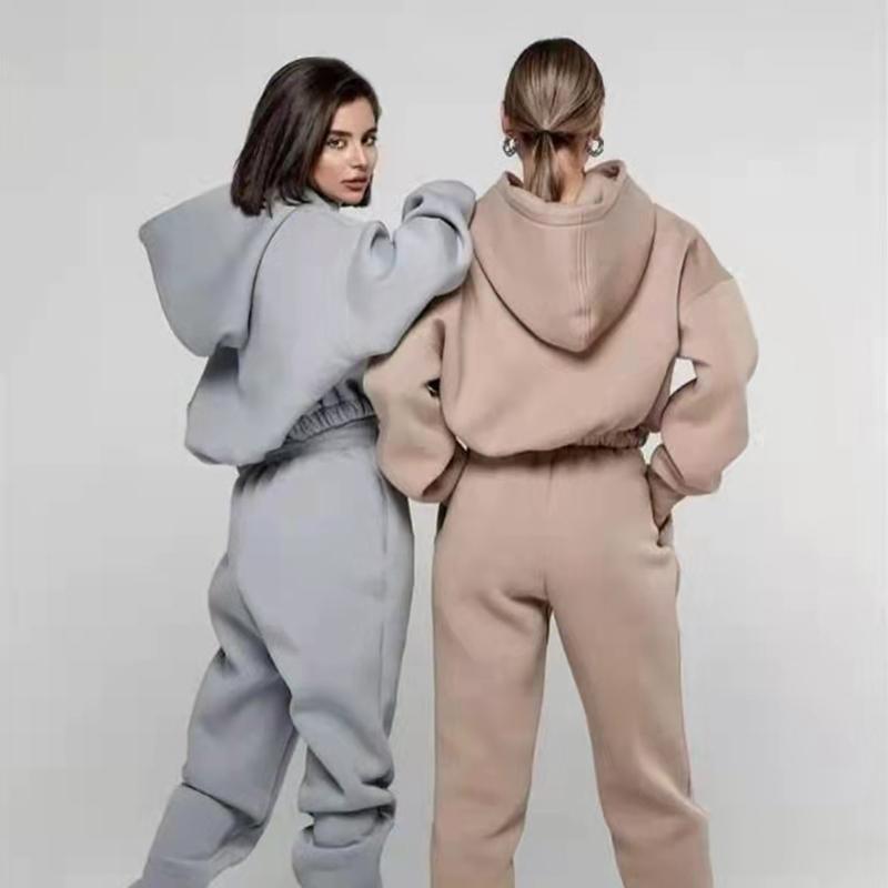 2PCS Autumn and Winter Solid Color Hooded Sweater Casual Two Piece Set Long Sleeve Pullover Sweater Fitness Jogging Pants Sports Suits