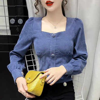 Women's Spring and Autumn Long Sleeve Square Collar Loose Solid Color Short Top