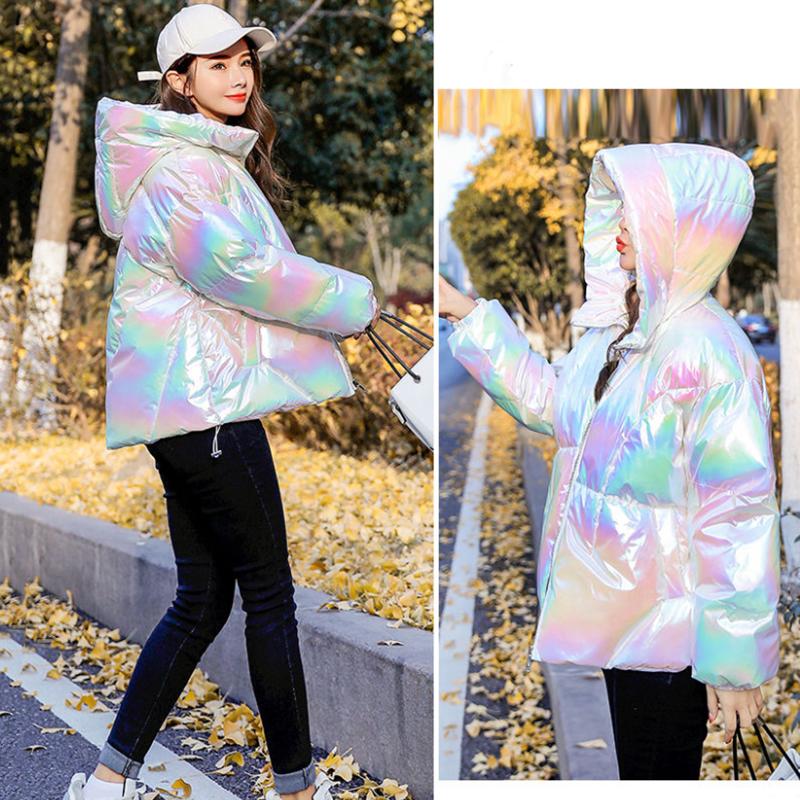 Women's Bright Print Short Down Jacket Winter Korean Loose Quilted Jacket Casual Stand-up Collar Hooded Down Jacket Quilted Jacket