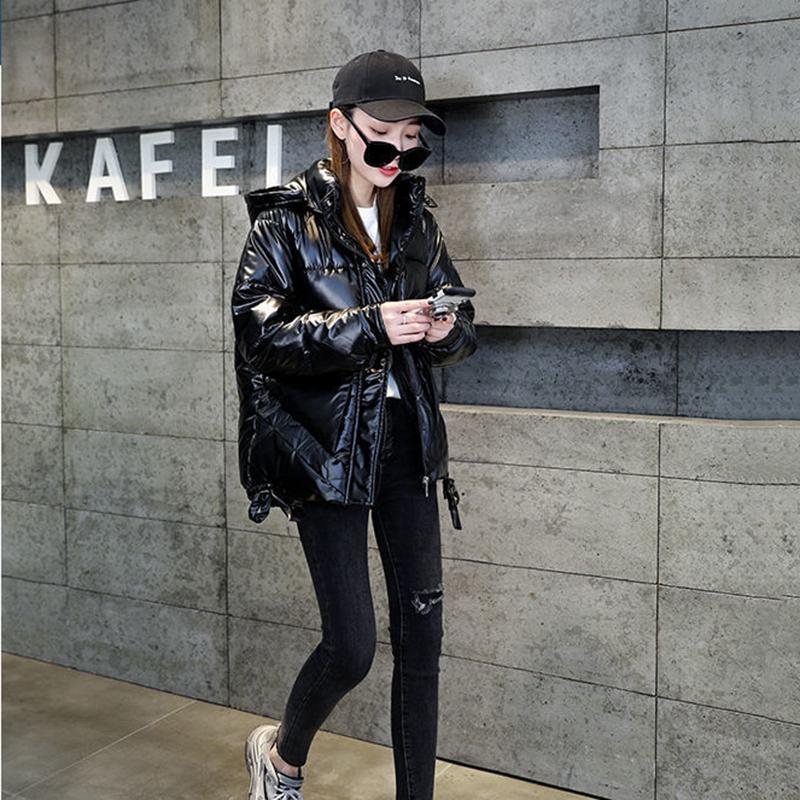 Women's Bright Print Short Down Jacket Winter Korean Loose Quilted Jacket Casual Stand-up Collar Hooded Down Jacket Quilted Jacket