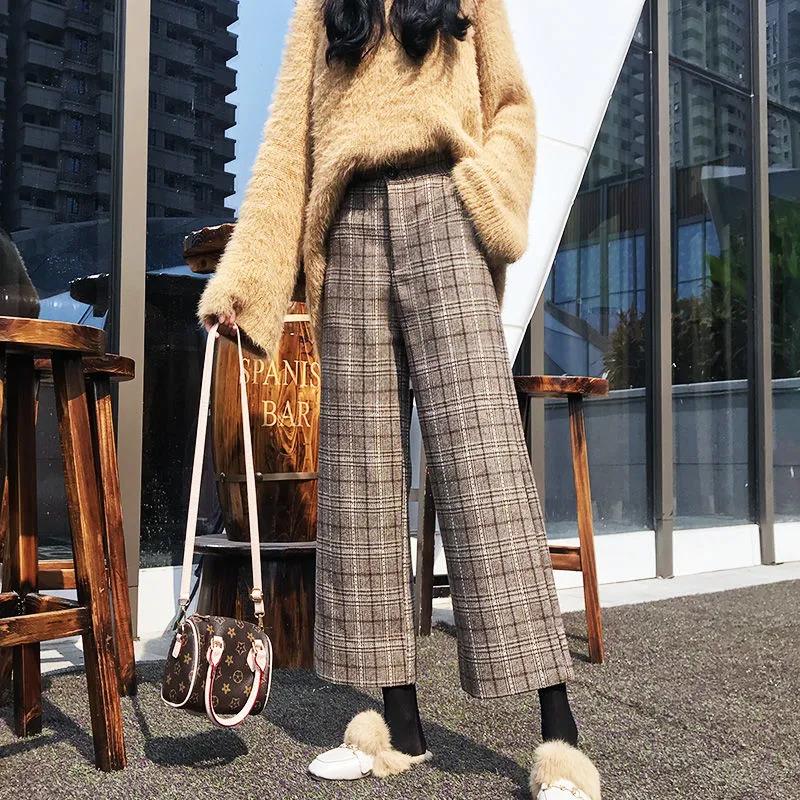 Wide-leg Pants Female Winter Korean Student Woolen Plaid Woolen Casual High-waist Drape and Thin Straight Nine-point Pants