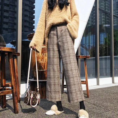 Wide-leg Pants Female Winter Korean Student Woolen Plaid Woolen Casual High-waist Drape and Thin Straight Nine-point Pants