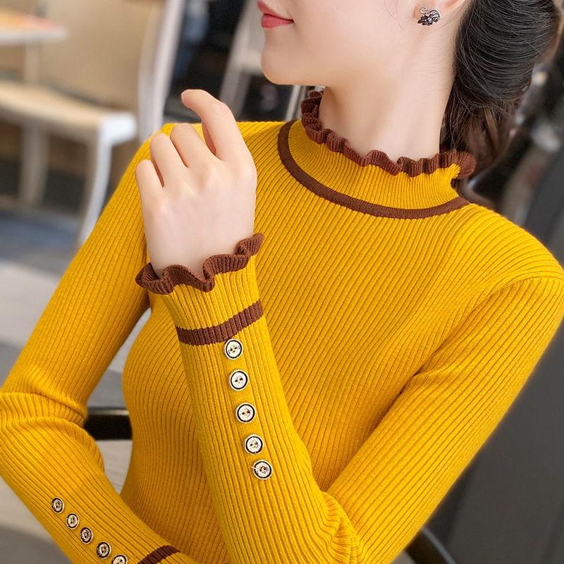 Women's Knitted Bottoming Shirt In Autumn and Winter To Wear Slim and Thin Half Turtleneck Sweater with Wood Ears Thick Western Style Sweater Top