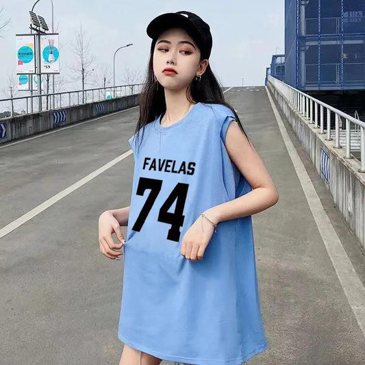 Women's Mid-length Fake Two-piece Sleeveless T-shirt Summer Loose Retro Outer Wear Vest Ins Anti-show Top Clothes Fitness Jogging Vest