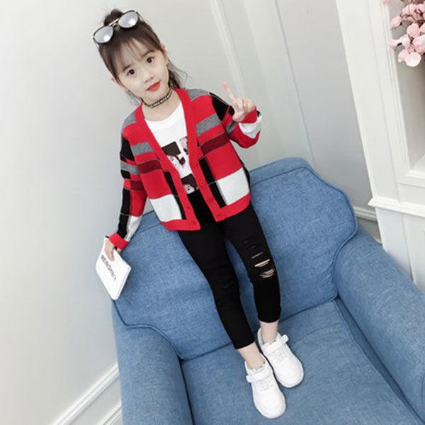 Little Girl Spring and Autumn Sweater Long-sleeved Slim Knit Cardigan Jacket Older Children's Clothing Fashion
