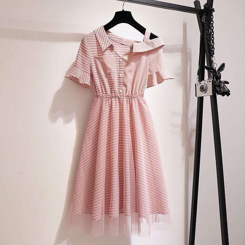 Pofulove Plaid Dress Summer Women  Oblique Shoulder Mesh Dress Shirt Dress with Pockets