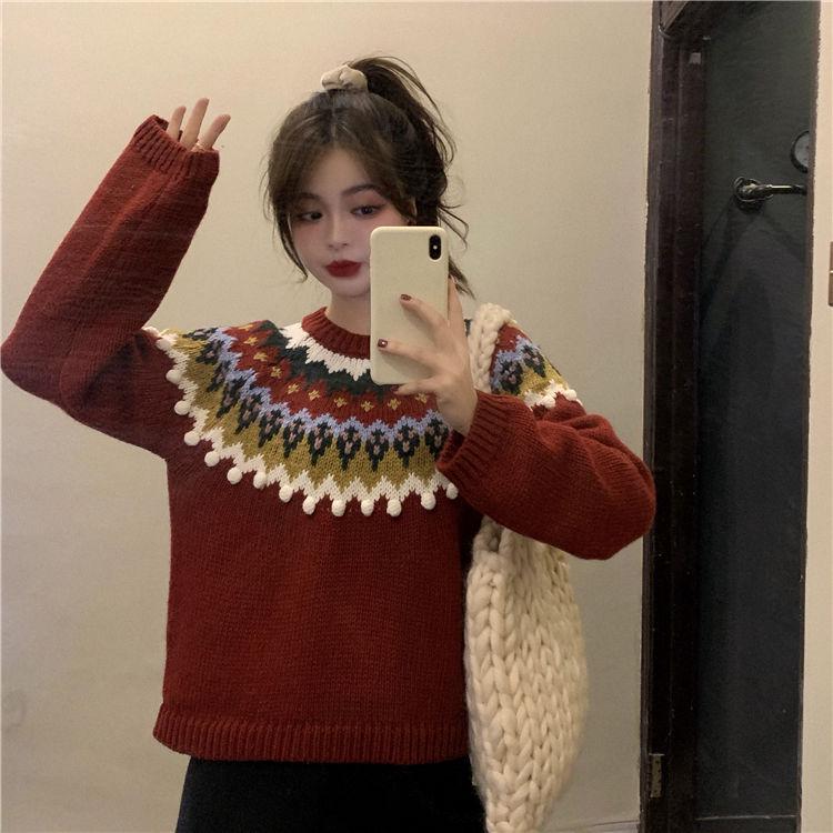 Autumn Winter Red Christmas Sweater Women Loose Snowflakes Printing Pullover Sweater Knitted Top Outwear
